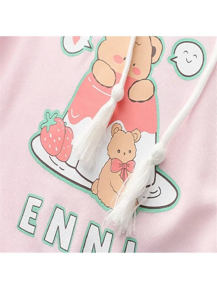 Metaversmall Cartoon Bear Print Cotton Hoodies Women 2024 Spring Flare Sleeve Drawstring Hooded Sweatshirt Sweet Style Female Kawaii Tops