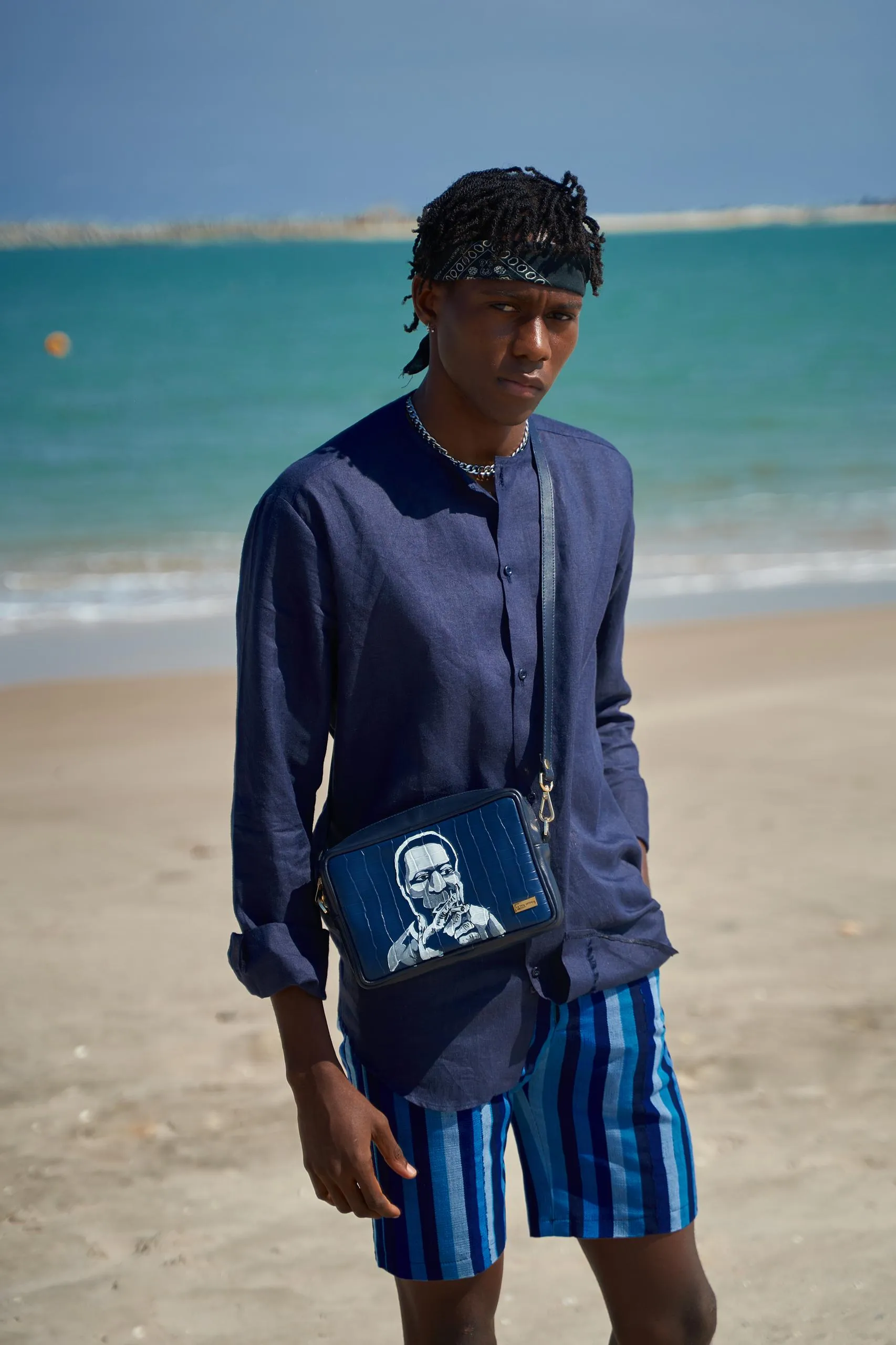Navy Linen and Aso Oke Short Set