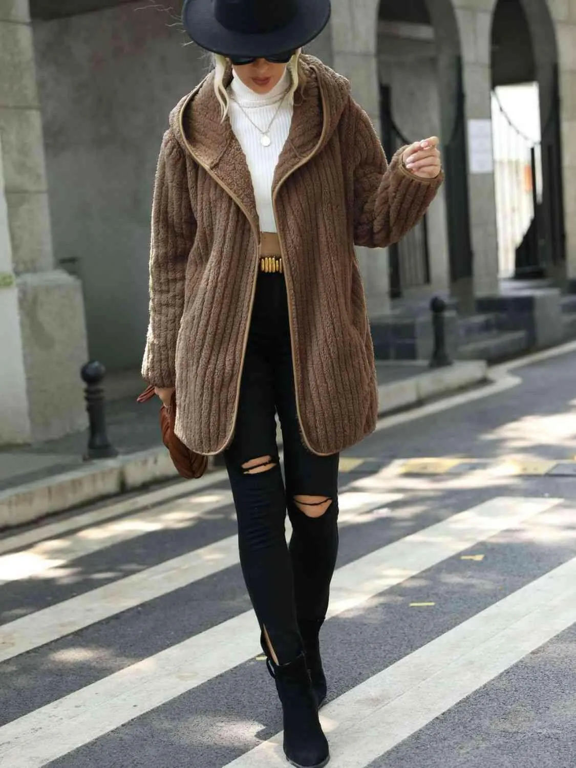 Open Front Ribbed Hooded Coat