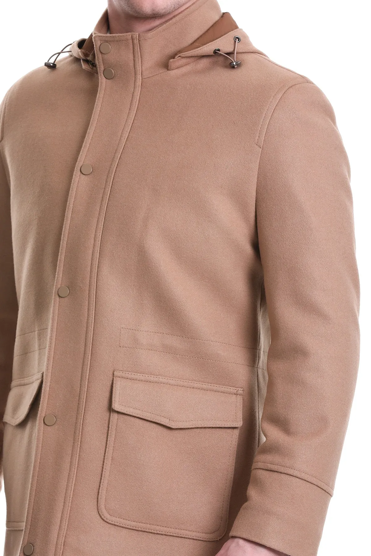 Slim Fit Cachet Stand Collar Camel Hooded Coat
