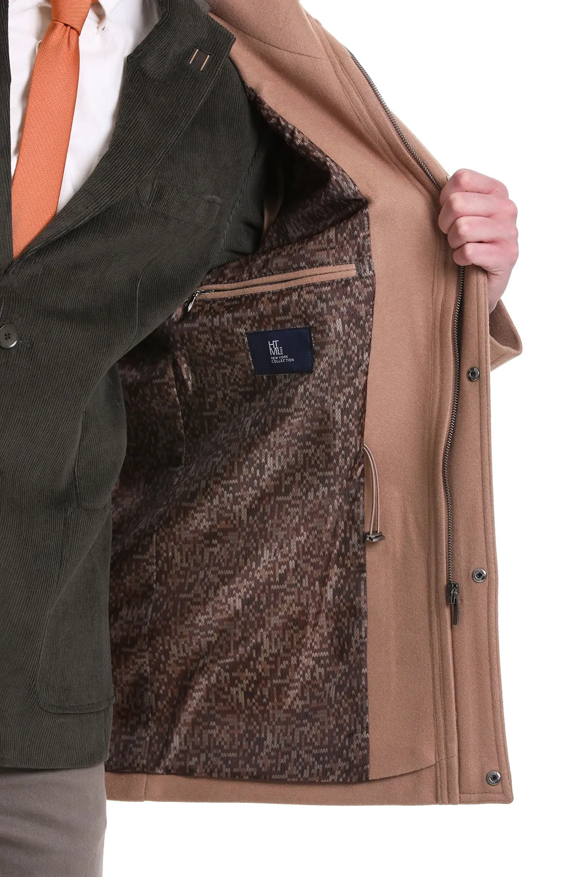 Slim Fit Cachet Stand Collar Camel Hooded Coat