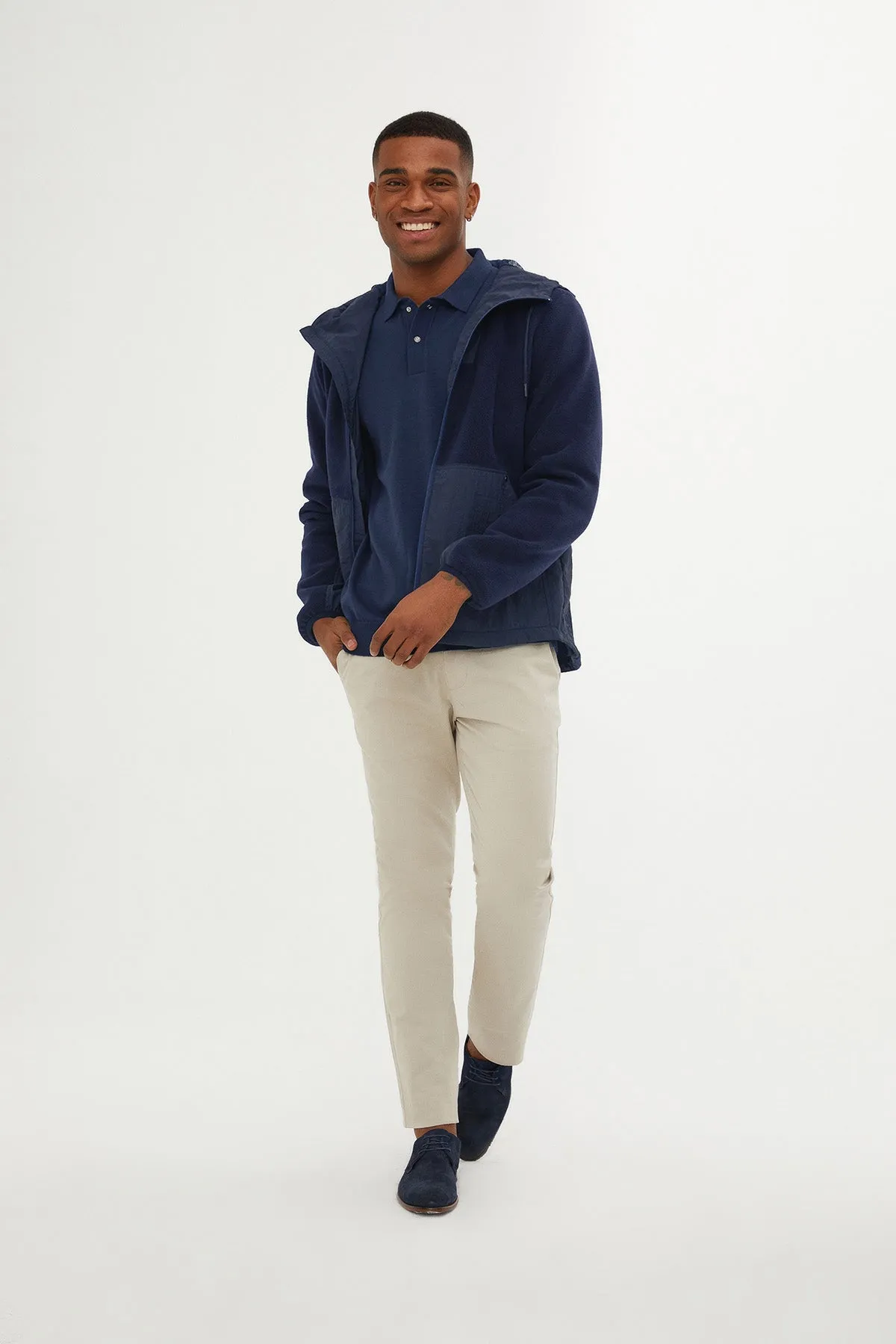 Slim Fit Fleece Polar Casual Light Navy Hooded Coat